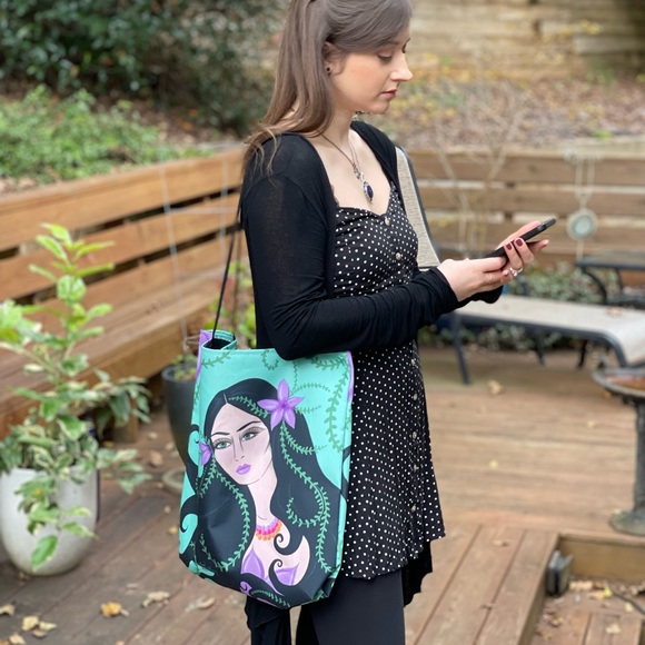 Artisan design Garden Goddess tote bag purse with lady and nature - Picture 9 of 9